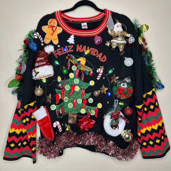Ugly Christmas Sweater Feliz Navidad LIGHTS UP Tinsel Xmas Party Winner Size XL - Picture 1 of 5